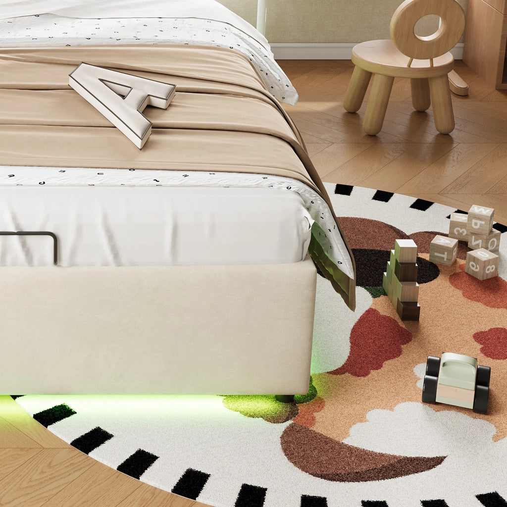 DESMIU Letto contenitore bambino 90 × 200 cm, 3 cassetti, LED, senza materasso, in velluto beige