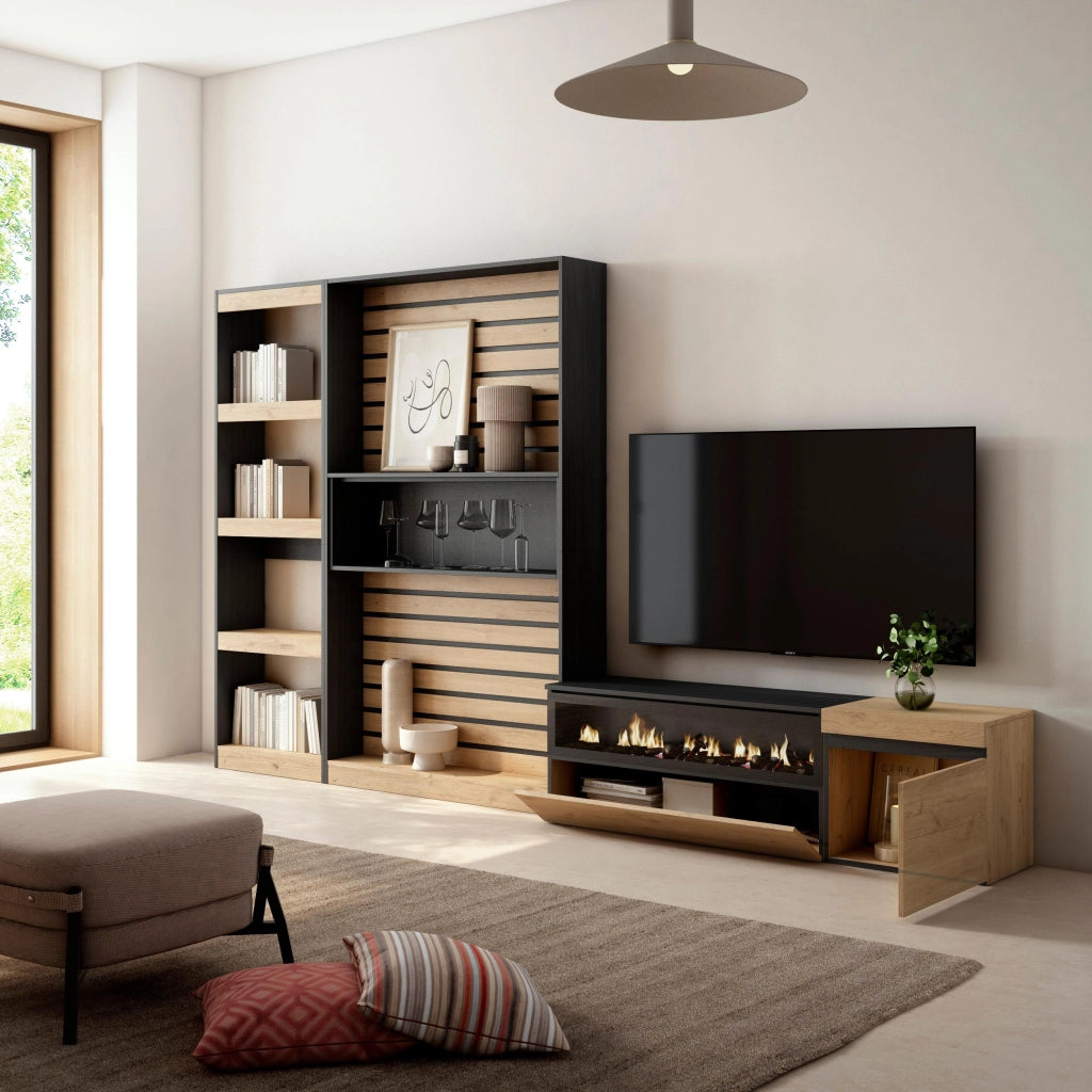 Mobile TV, Soggiorno, 320x35x186cm, Camino elettrico, colore Rovere e nero RF2594