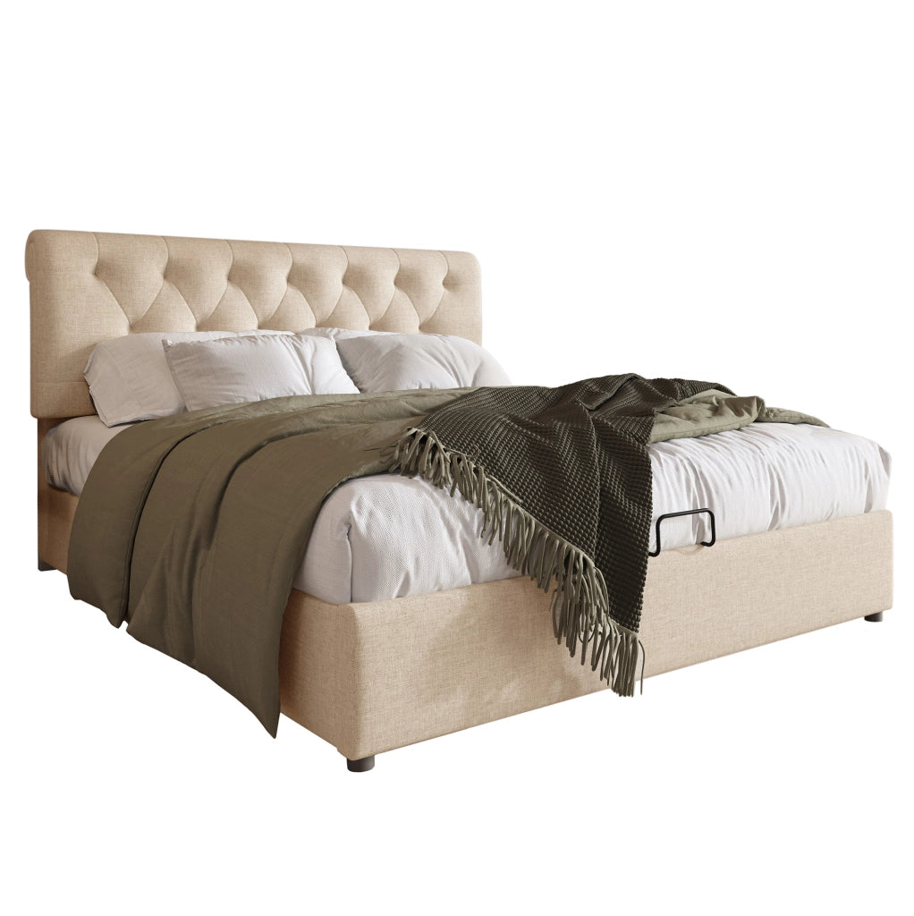 Letto matrimoniale imbottito 140x200 cm con testiera regolabile; contenitore idraulico; lino naturale