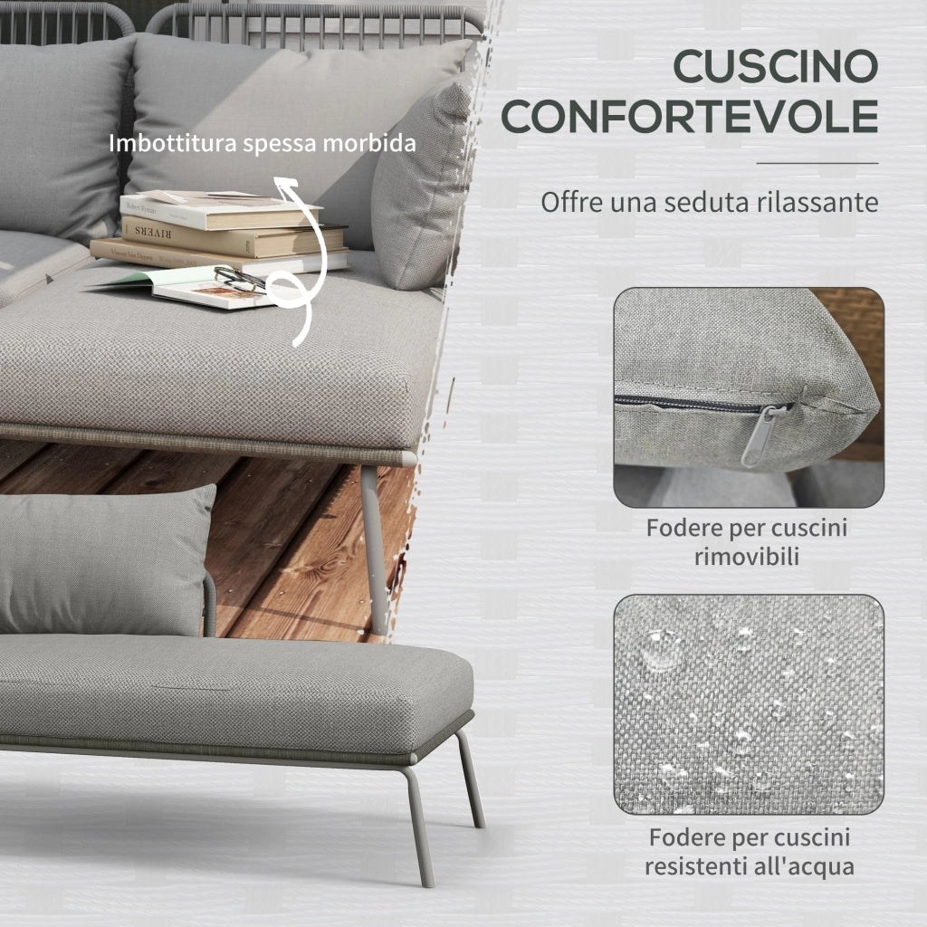 Set da Giardino 3 Pezzi in Stile Boho Divano 2 Posti Chaise Longue e Tavolino in Rattan PE Grigio Chiaro