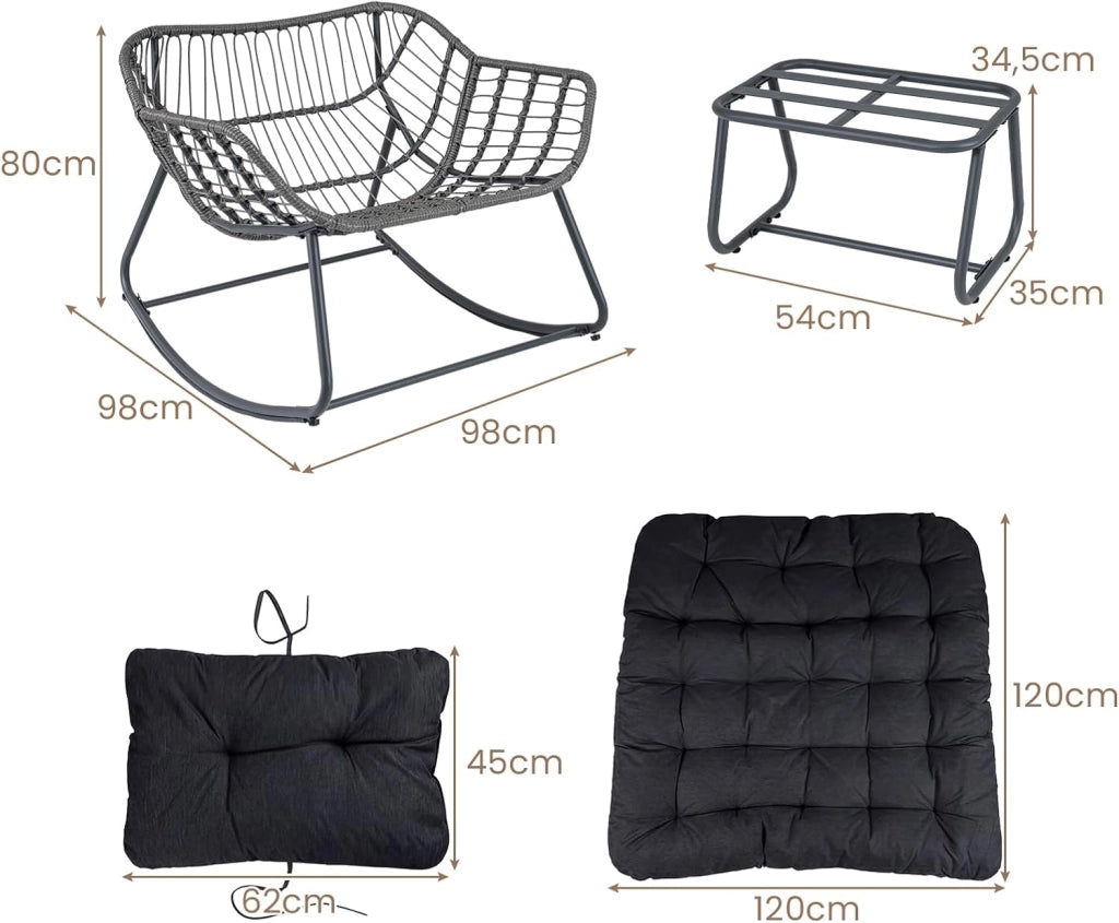 Poltrona a Dondolo con Poggiapiedi, Sedia a Dondolo da Interno ed Esterno, Poltrona Relax in Rattan con Cuscini Rimovibili per Soggiorno, Balcone e Giardino, Portata 150 kg (Nero)