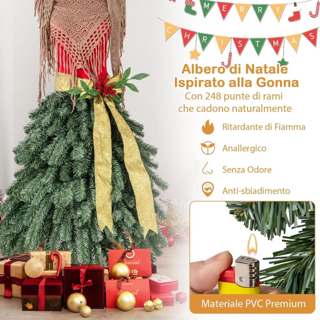 Albero di Natale Artificiale 150 cm con Manichino Pre-Illuminato, Albero di Natale a Forma di Abito con 248 Punte di Rami, 100 Luci a LED Bianche Calde, Sciarpa Rimovibile