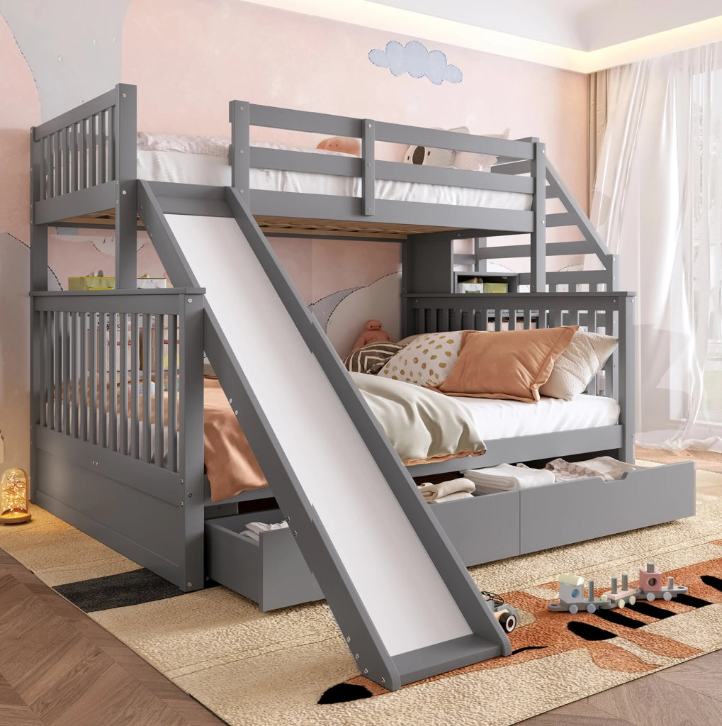 Letto a castello con scivolo e cassetti; 90x200/140x200 cm; grigio
