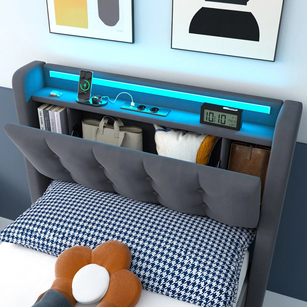 Letto imbottito 90x200 cm in velluto con LED, contenitore, cassetti e porte USB