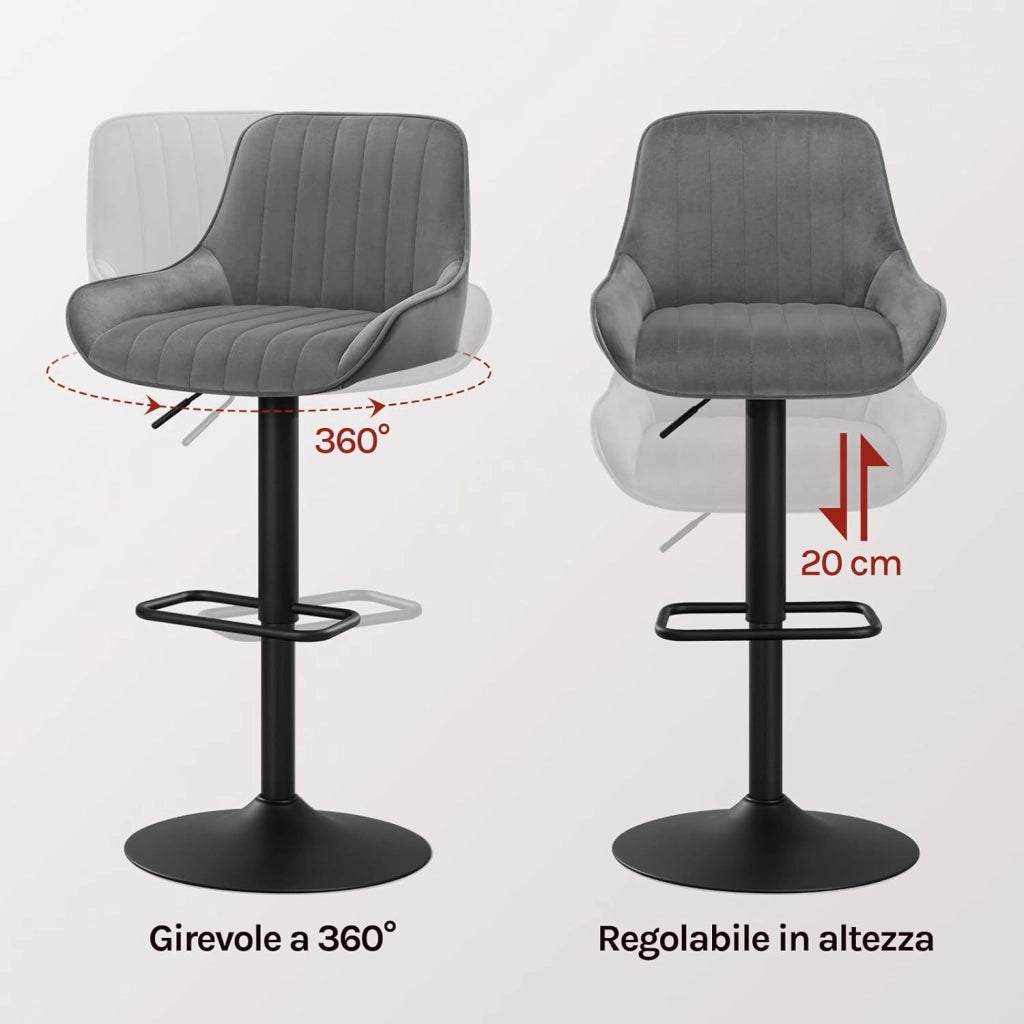 Sgabelli Cucina Set di 2 con Schienale e Braccioli, Sedie da Bar Girevoli, Altezza Regolabile, in Velluto di Latte, per Cucina, Bar, Ristorante, Grigio Scuro