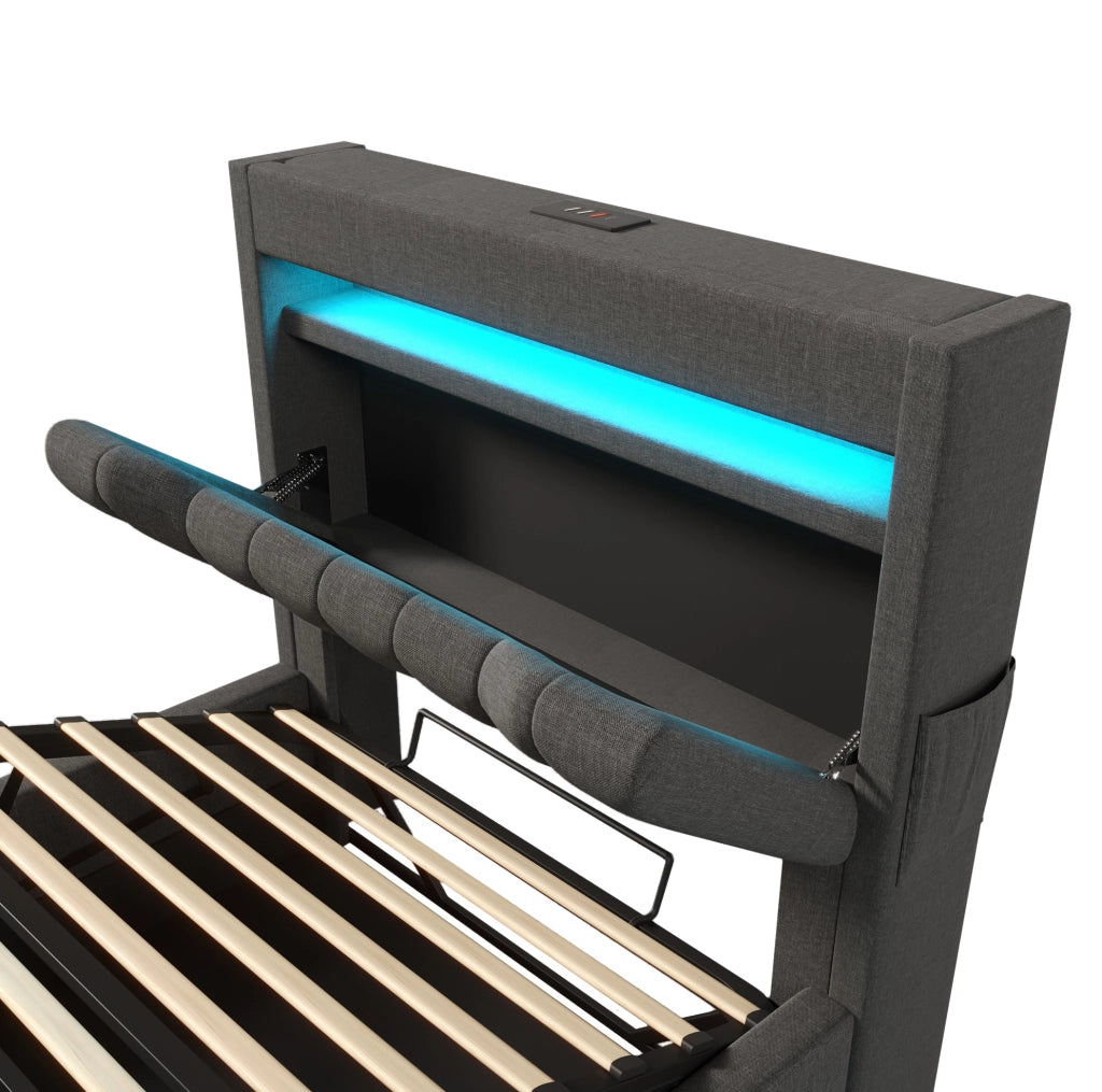 Letto singolo 90x200 con LED, testiera contenitore e porte USB