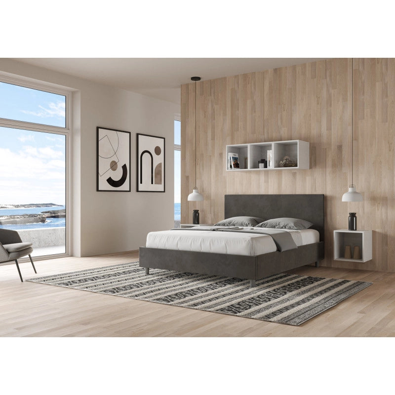 Letto imbottito Letto Matrimoniale alla Francese 150x210 cm Adele - Con rete,Microfibra,Grigio
