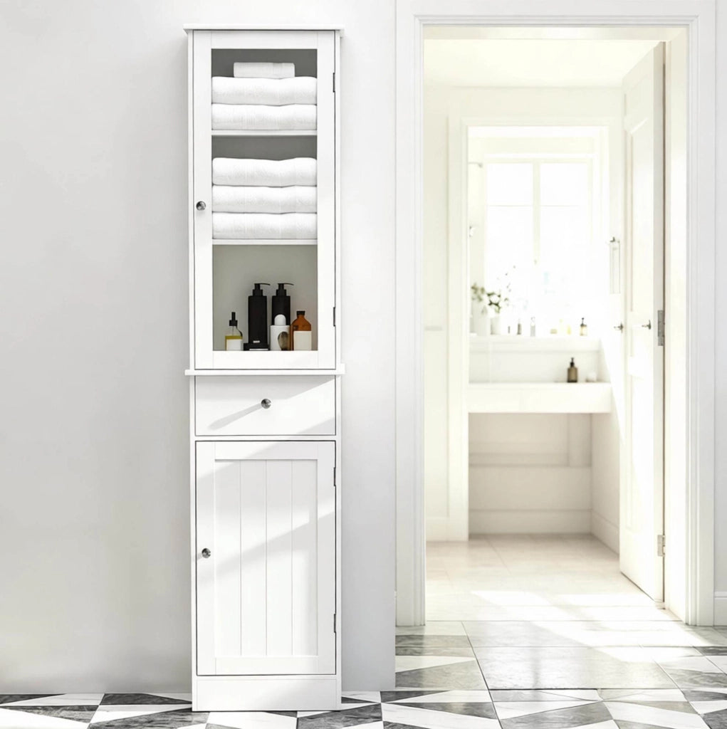 Colonna bagno salvaspazio in MDF bianco con anta acrilica