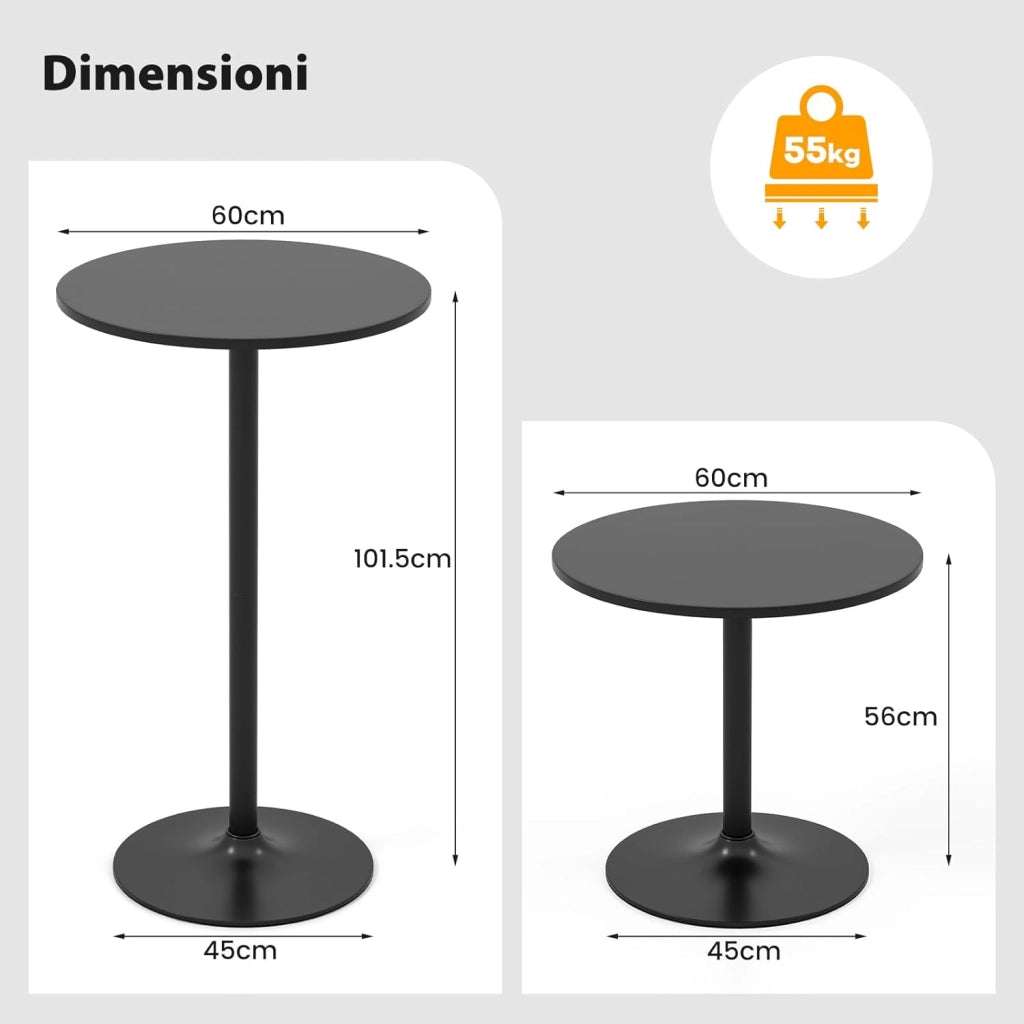 Tavolo da Bar Rotondo Ø60 Regolabile in Altezza (56 cm/ 101,5 cm), Tavolo da Caffè Alto in Legno e Metallo, Tavolino Bistrot Moderno con Base Rotondo per Cucina e Sala Pranzo (Nero,2)