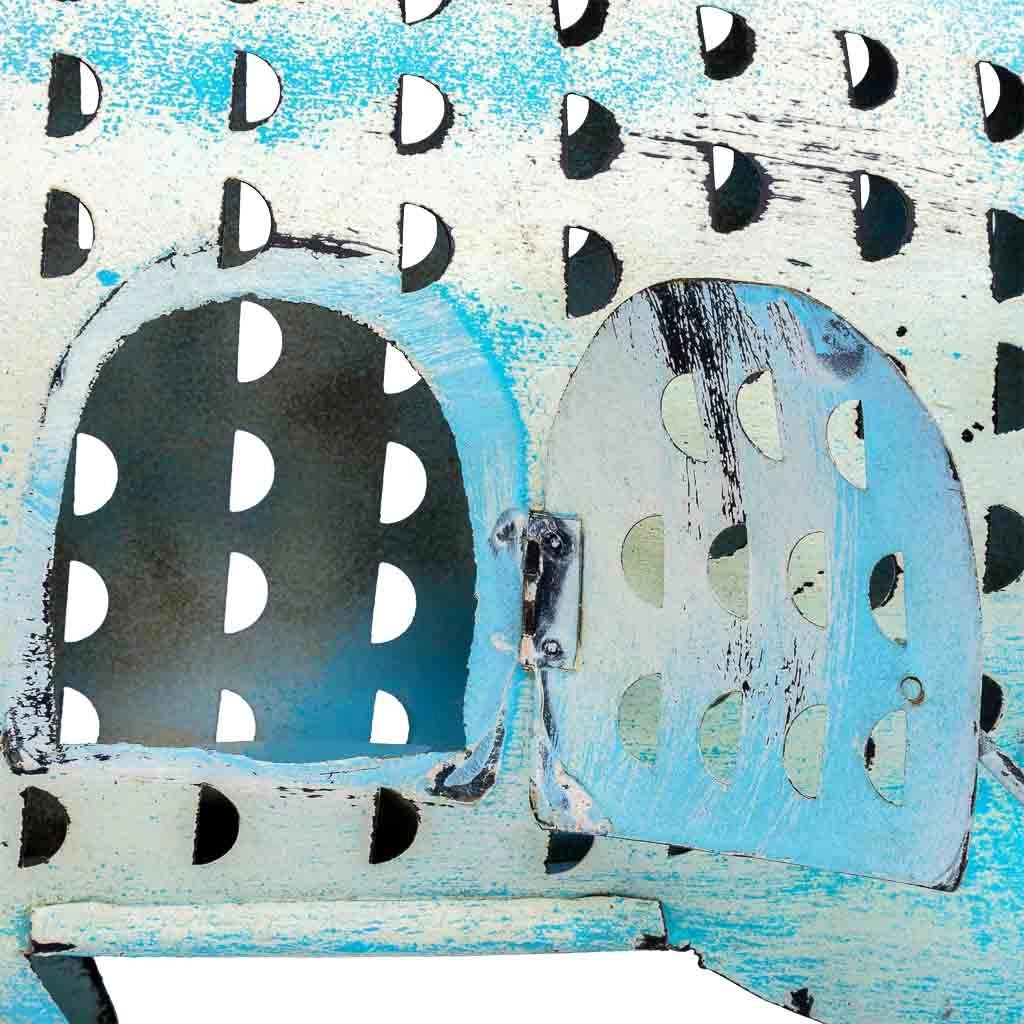 Portacandele pesce in metallo invecchiato blu 60x10x28h cm