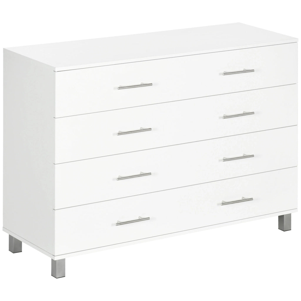 Cassettiera 4 Cassetti 112x38,2x81 cm in Legno con Maniglie in Metallo Bianco