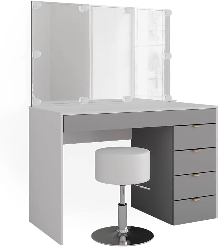 Tavolo da toeletta Elise, Bianco/grigio/grigio, 115 cm con illuminazione LED e sgabello, con illuminazione LED e sgabello girevole regolabile in altezza