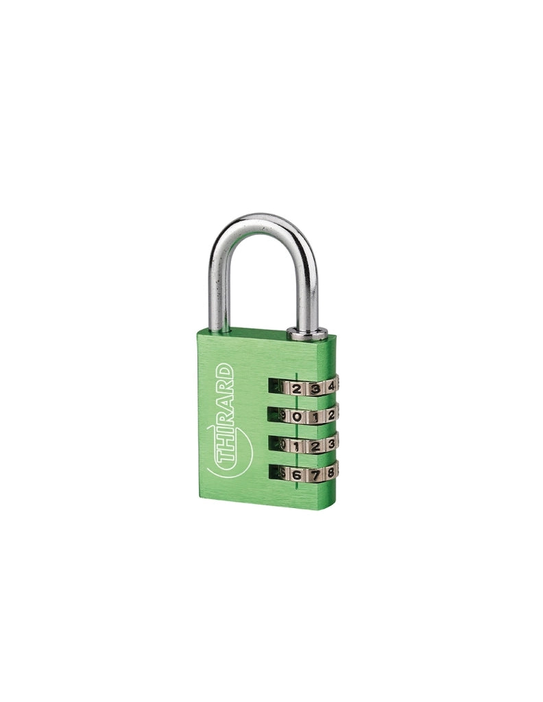 Lucchetto Maxium Code combinazione 4 cifre, 40mm, verde, arco acciaio nichelato, corpo alluminio colorato - THIRARD