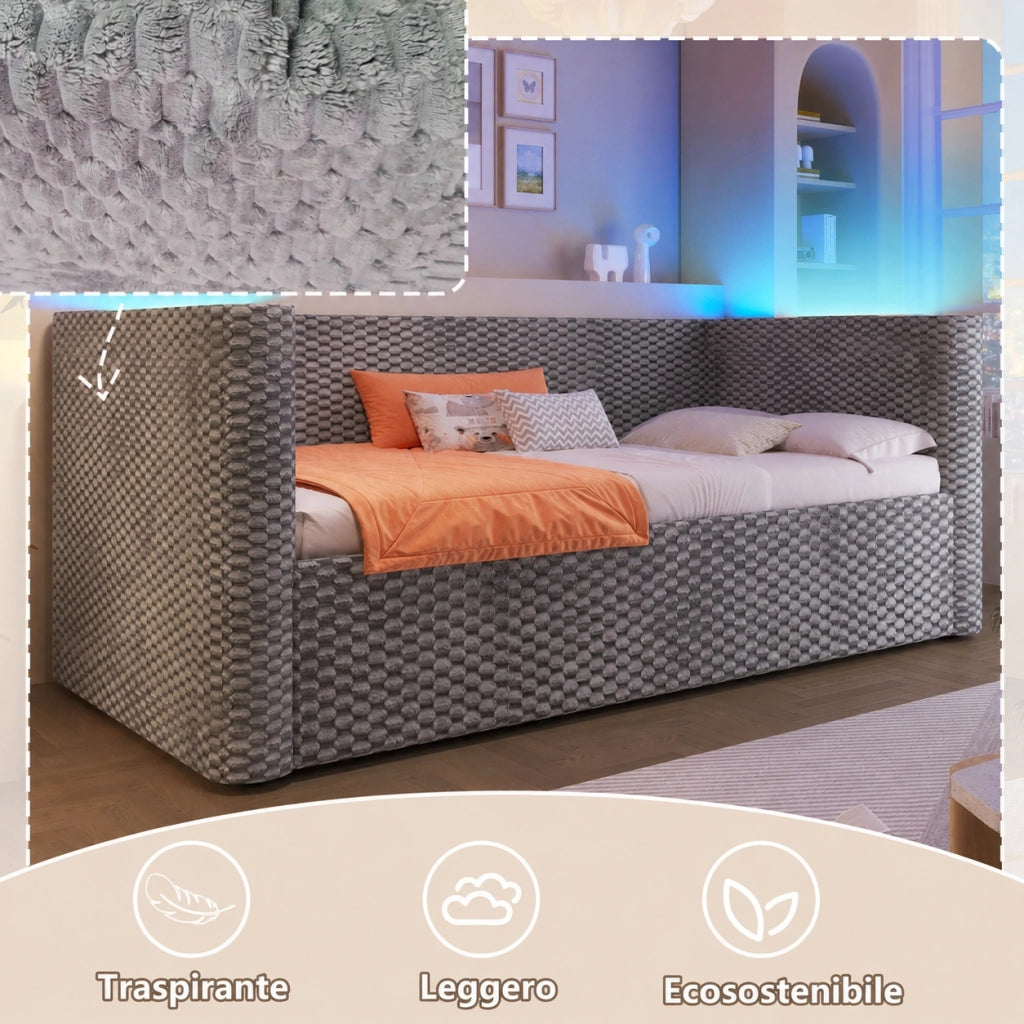 Letto singolo 90x200 cm divano letto con LED e cassetti; lino beige