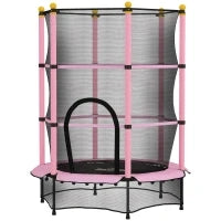 Tappeto Elastico per Bambini con Rete di Sicurezza e Pali Imbottiti Età 3-10 Anni, Ø140 x 190 cm, Rosa