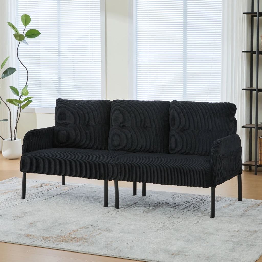 Divano 3 posti in corduroy nero con tasca laterale; struttura in metallo; 171 x 72 x 80 cm