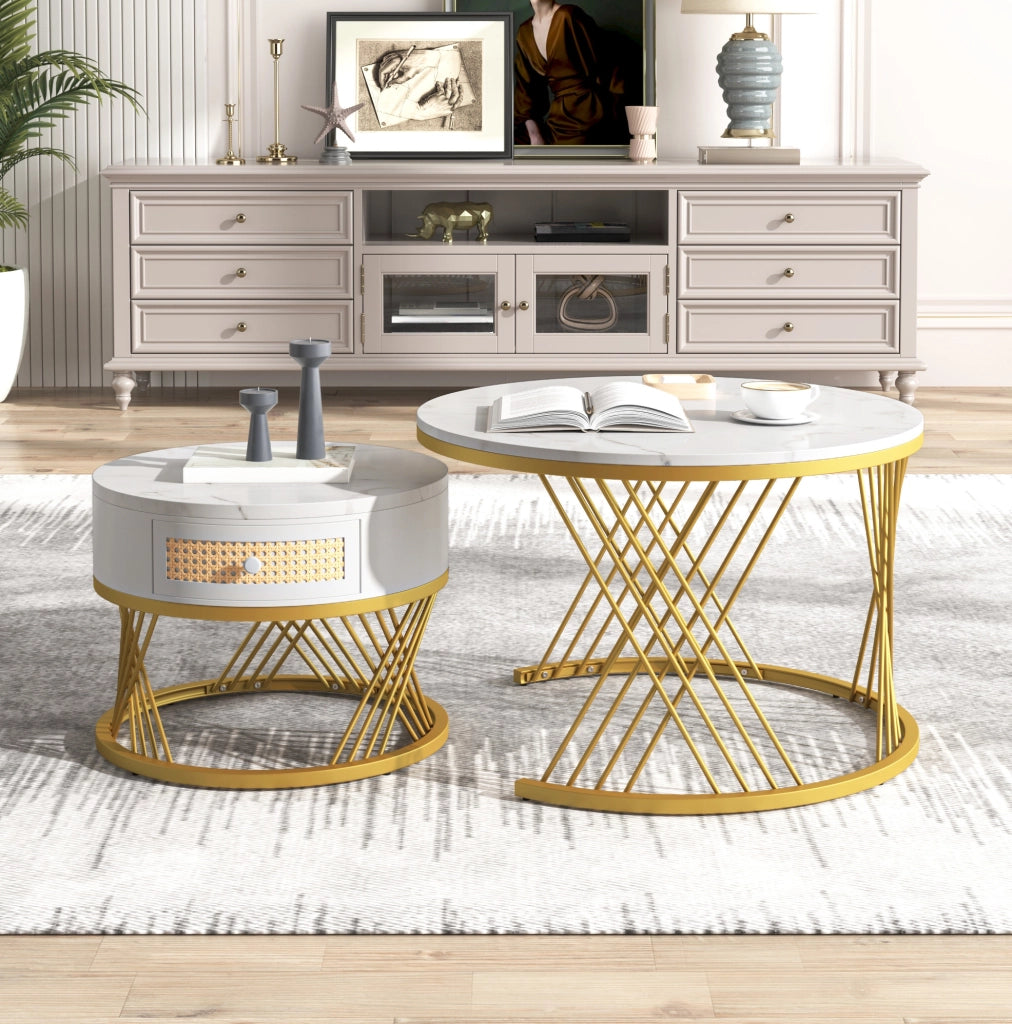 Set di tavolini rotondi 2 pezzi in MDF bianco e oro con cassetto