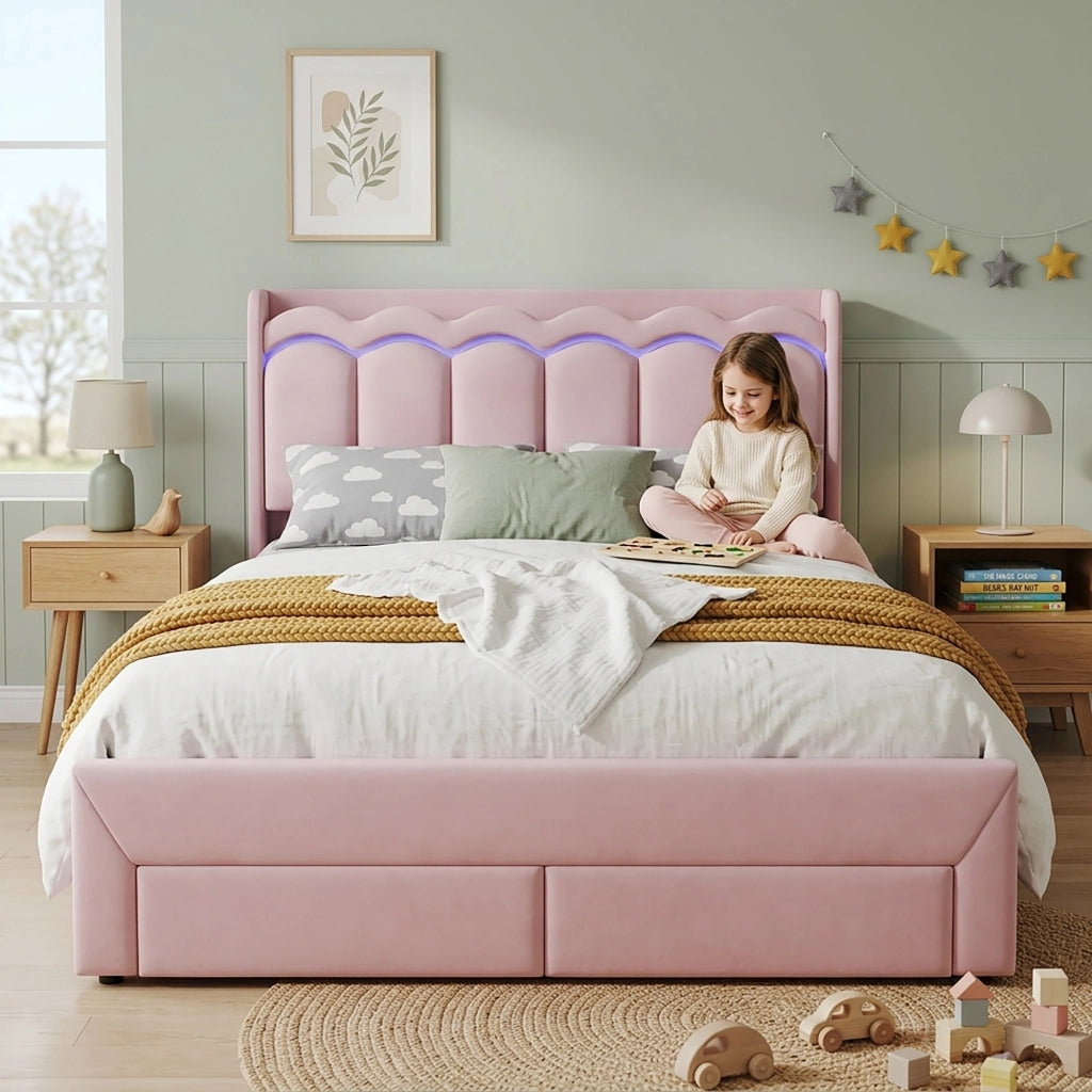 Letto imbottito rosa 140x200 cm con due cassetti e LED; velluto