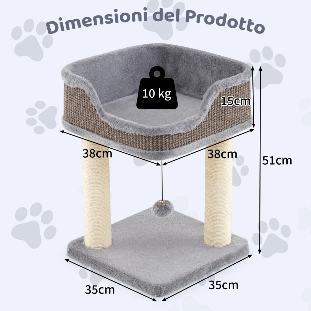 Albero per gatti da interno con palla pendente, Torretta per gatti con posatoio in peluche e pali graffianti in sisal Grigio-Alberi Tiragraffi