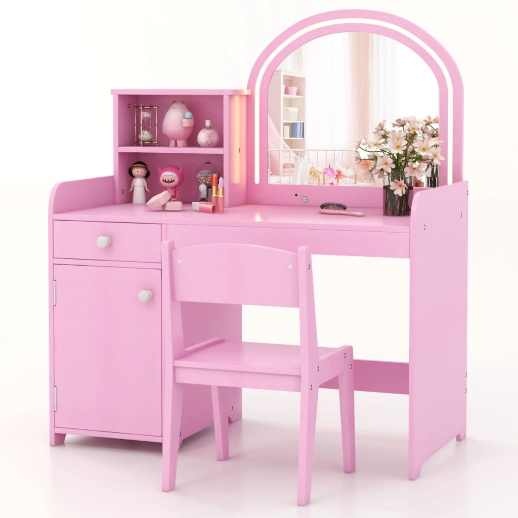 Set tavolo da trucco per bambini con sedia mensole cassetto e anta-Toeletta da trucco in legno con luci LED Rosa