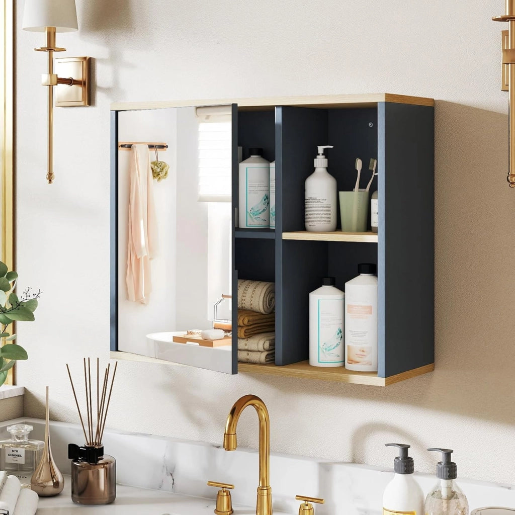 Armadio da Bagno con Specchio, Mobile da Parete con Porta Specchiata, Ripiano Regolabile e Scomparti Laterali Aperti, Mobile Salvaspazio per Soggiorno