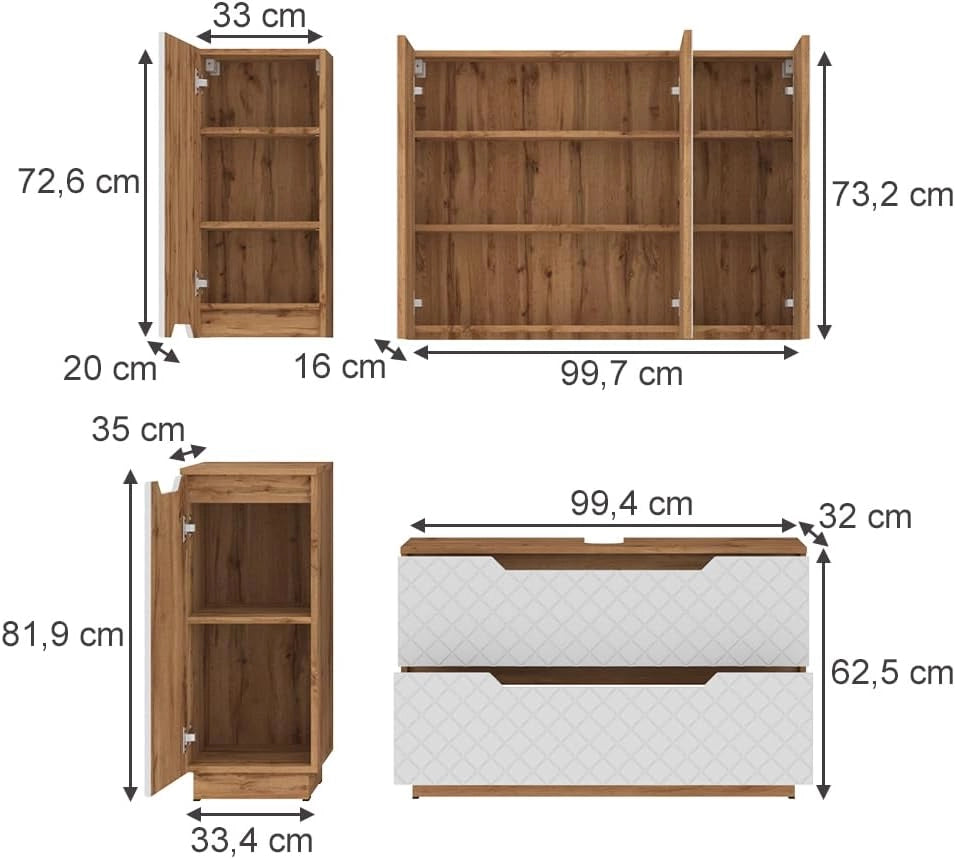 Set di mobili da bagno Lotta, Rovere/bianco con struttura in piastrelle, 4 parti