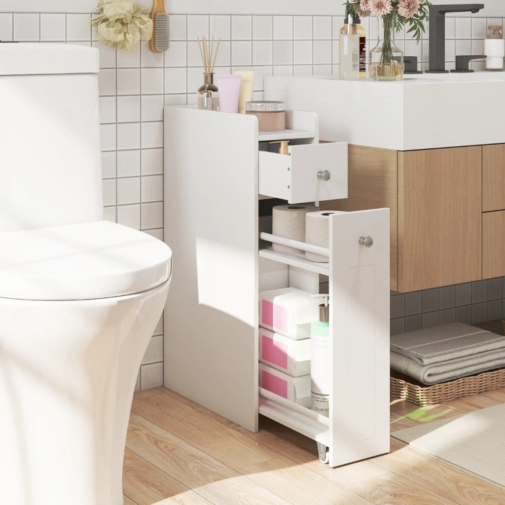 Armadietto da bagno stretto a 4 ripiani con cassetti estraibili, Armadietto da bagno armadio da bagno Bianco-Armadietti da bagno