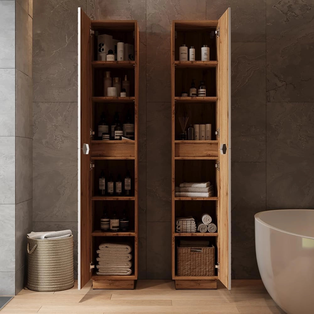 Armadio per il bagno Lotta, Bianco, 33 x 186 cm con 2 porte, per la conservazione di accessori da bagno e prodotti per la cura