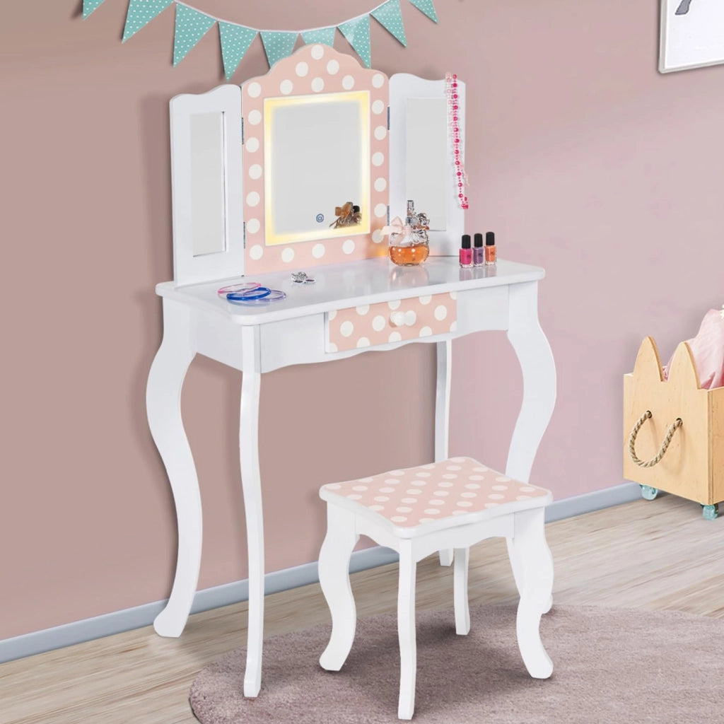 Tavolino per bambini a LED bianco e rosa ROZA con 3 specchi e sgabello