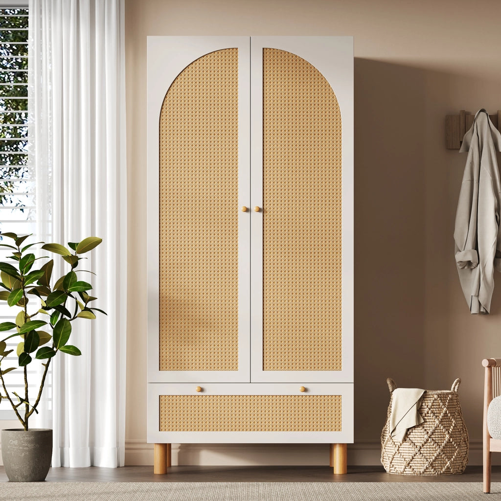 Armadio Guardaroba Bianco 180×85×52 cm con 2 Ante in Rattan; Barra Appendabiti; Ripiani Regolabili e Cassetto