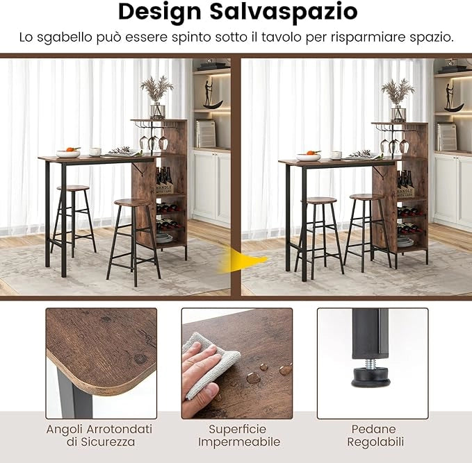Set 3 Pezzi Tavolo e Sedie da Bar, Tavolo e Sgabelli da Pub Industriale con Porta Calici e 6 Portabottiglie da Vino, Set di Tavolo per Sala da Pranzo, Ristorante e Bar (Caffè)