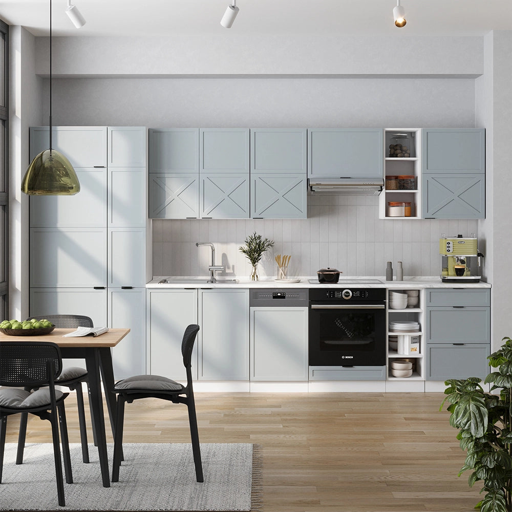 Cucina componibile Fame-Line Blu-grigio chiaro/Bianco 355 cm, PL Marmo Vicco