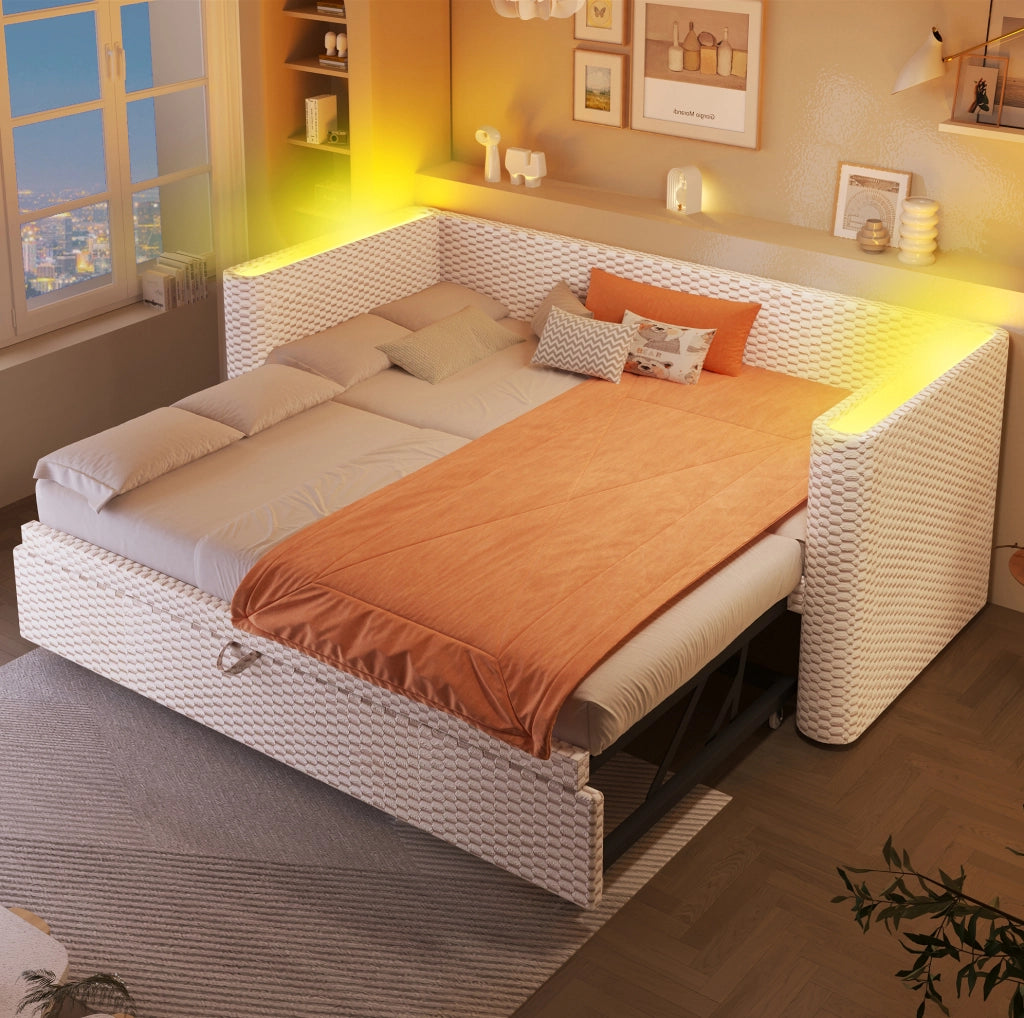 Divano letto 90x200 cm con LED e design estraibile in velluto beige