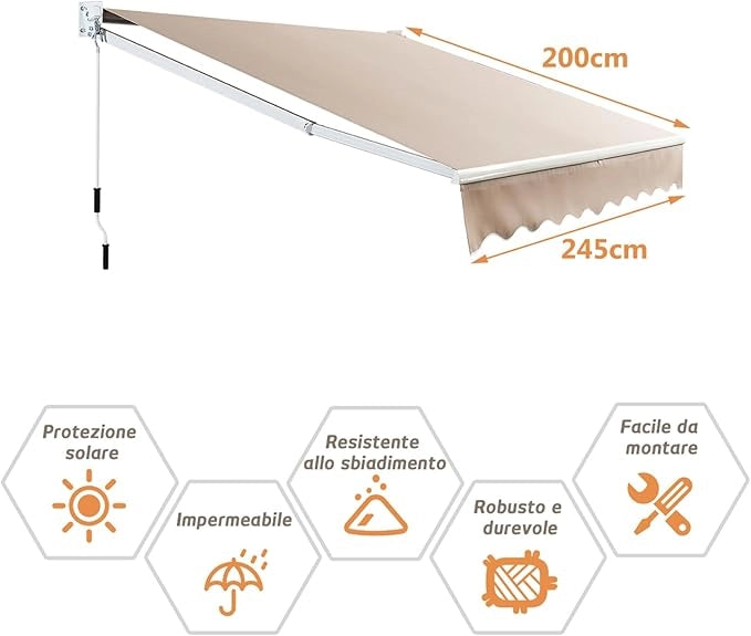 Tenda da Sole per Esterno Avvolgibile, Tenda da Sole a Bracci Estensibili con Telaio in Alluminio e Tettuccio Resistente al Sole e Impermeabile e Manovella (Beige, 245 x 200 cm)