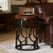 Tavolino basso rotondo stile industriale in MDF e metallo nero marrone rustico per soggiorno e camera da letto Ø45 × 50 cm