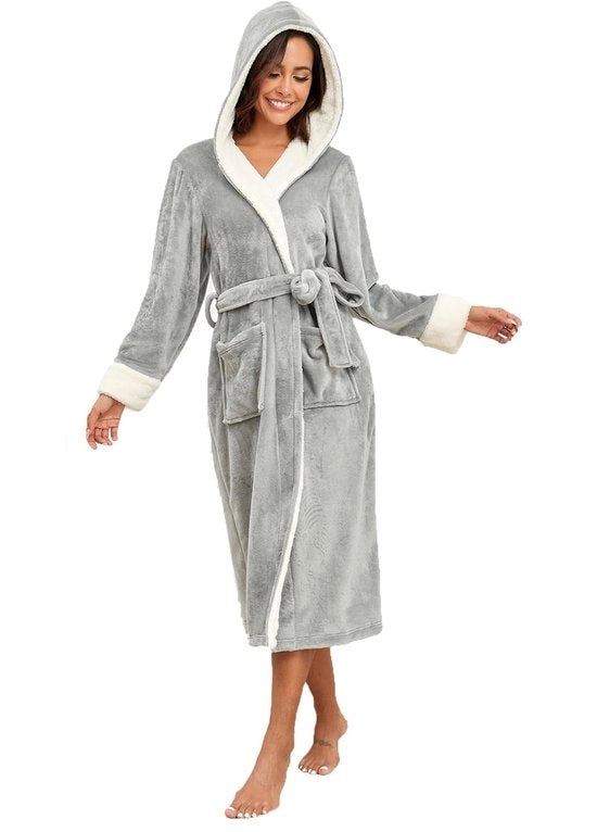 Piumino Fleece Capuchino con Cappotto Badile con Fodera in Piuma, con Due Tasche e Cinturino, Grigio, XL