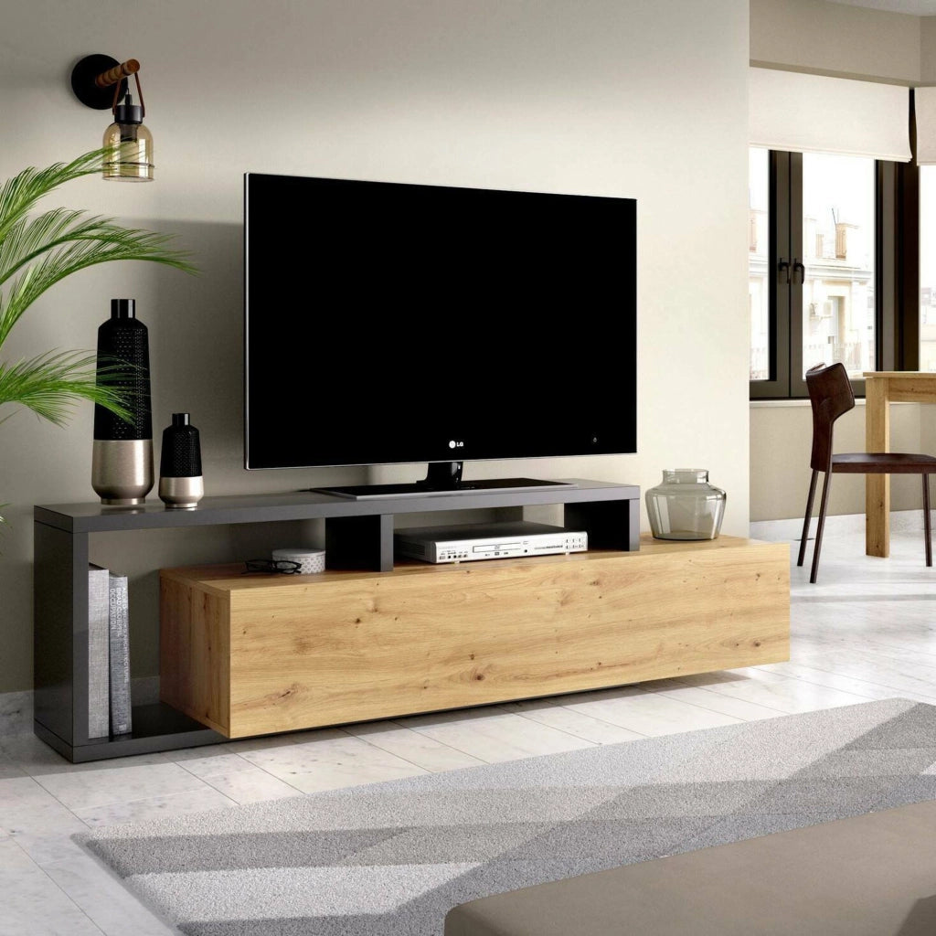 Mobile porta TV Argon, Credenza bassa da soggiorno, Madia da salotto per televisione, 165x40h47 cm, Rovere Nodi e Antracite