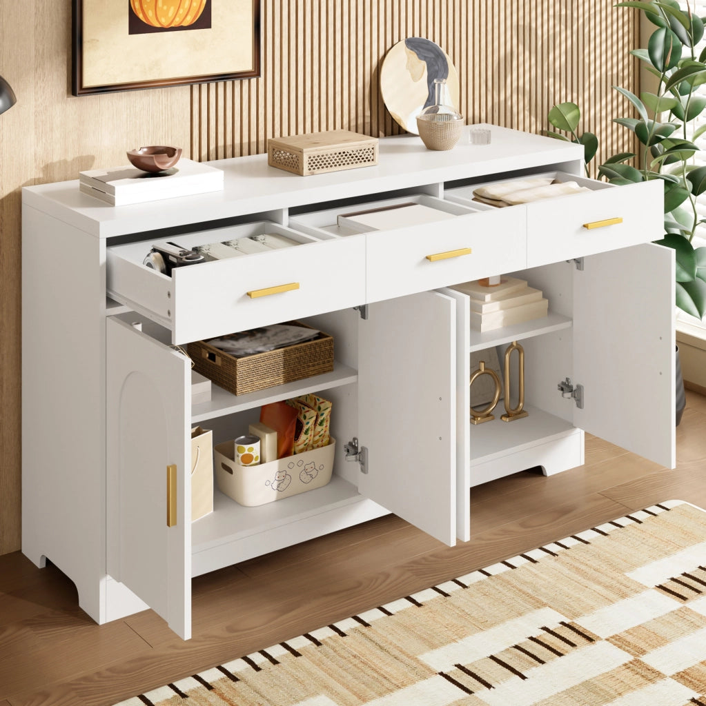 Sideboard bianco 140 cm con 4 ante ad arco; 3 cassetti; ripiani regolabili; MDF