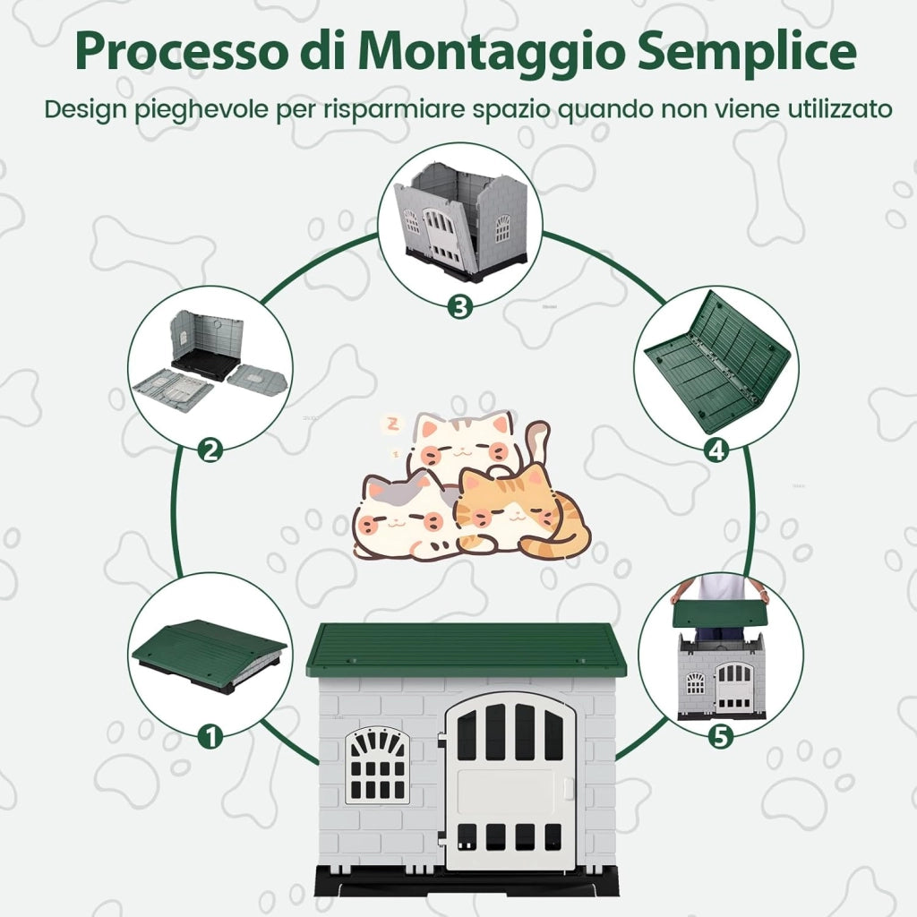 Cuccia per Cani da Esterno ed Interno, Casetta Impermeabile e Ventilata con Vassoio Toilette Rimovibile, Porta Bloccabile, 3 Finestre e Tetto a Pendenza, per Cani di Piccoli e Gatti (Verde)