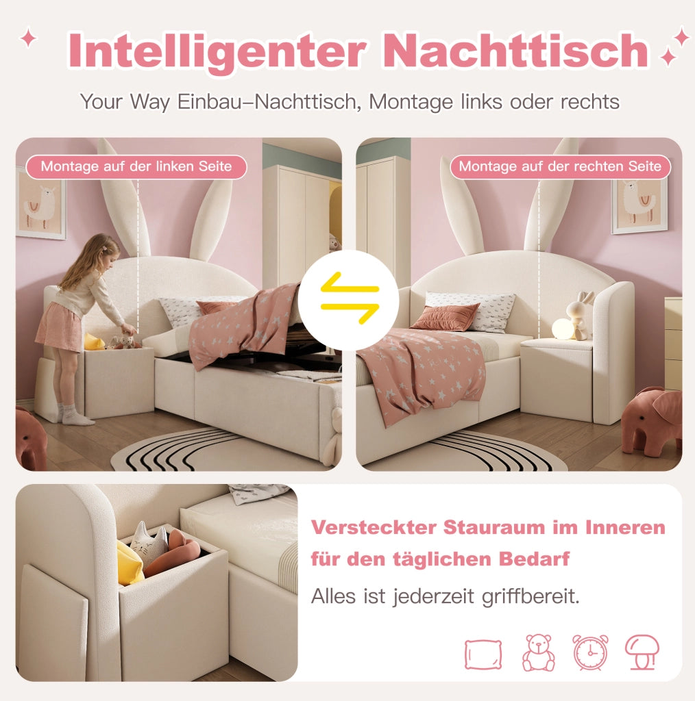 Letto imbottito 90x200 con contenitore idraulico e comodino beige
