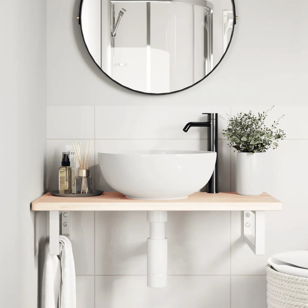 Ripiano a Parete per Lavabo in Acciaio e Massello di Rovere 3302328
