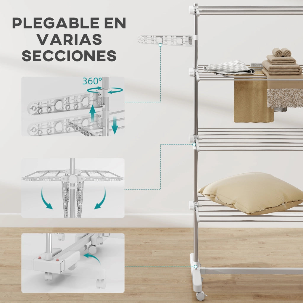 Stendibiancheria Verticale 4 Livelli 6 Ruote 2 Laterali Abatibili ¨C zephmum ¨C Acciaio Inox Argento
