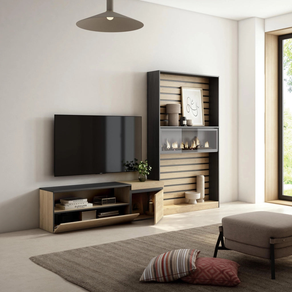Mobile TV, Soggiorno, 260x35x186cm, Per TV fino a 65", Camino elettrico, colore Rovere e nero RF2537