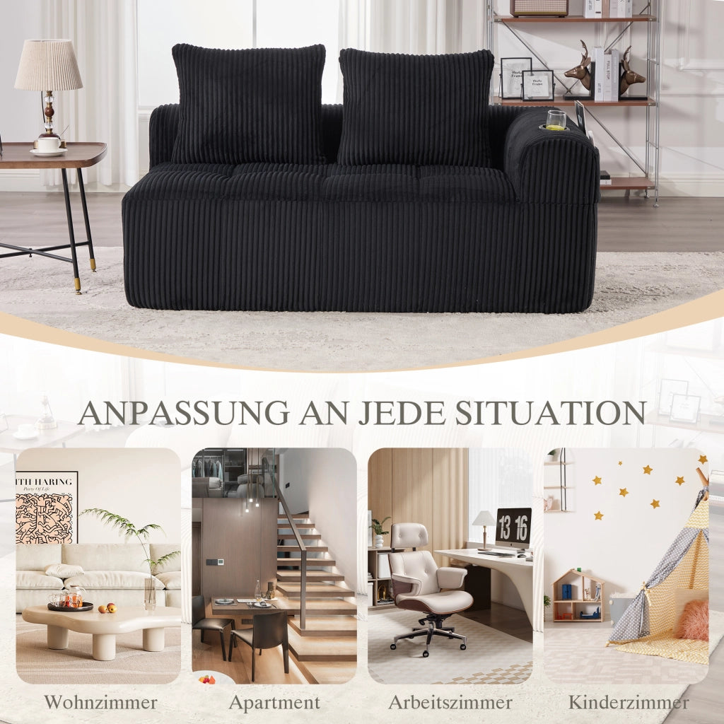 Divano lineare 2 posti con tasche laterali e portabicchieri in velluto a coste nero