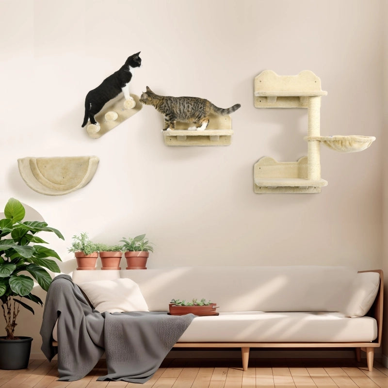 Parete giochi per gatti 4 pezzi con tiragraffi, piattaforma, scaletta e cuccia semicircolare, beige