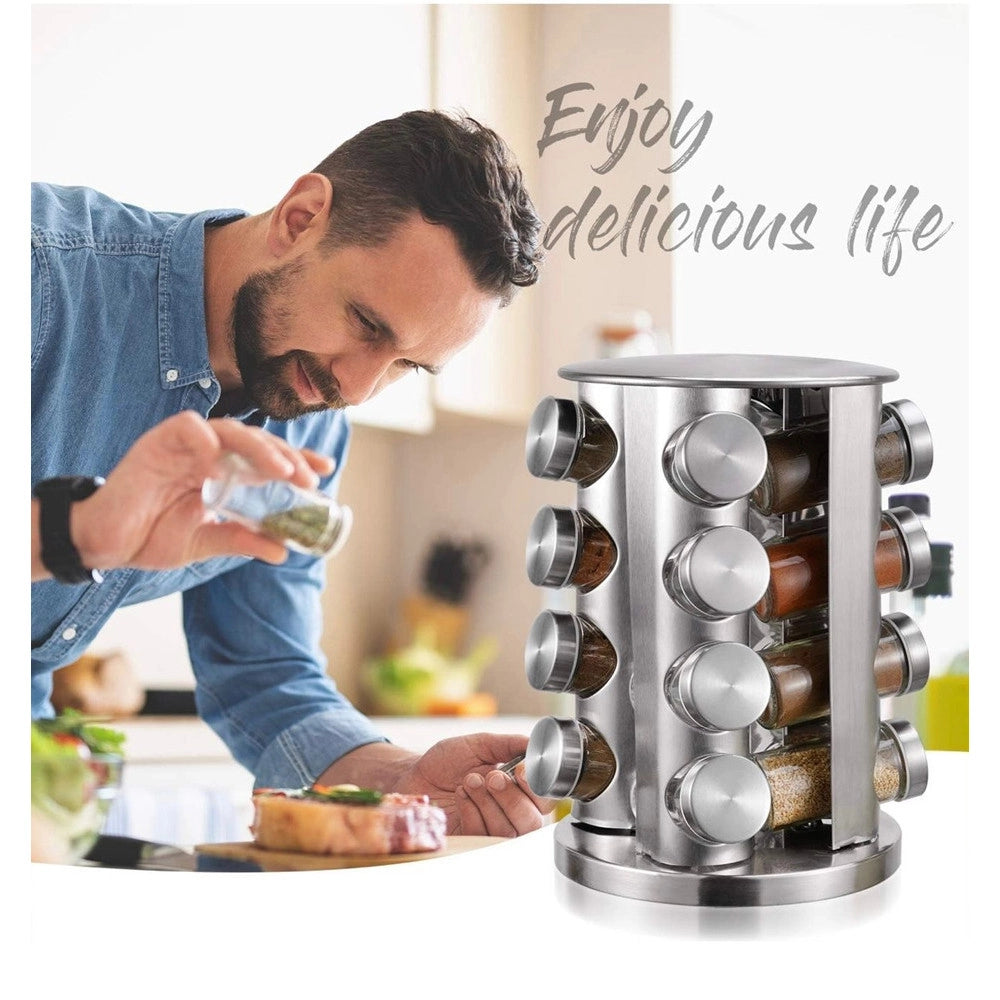 Trade Shop - Porta Spezie Girevole A 360° In Acciaio Con 16 Barattoli In Vetro Design Compatto Moderno -