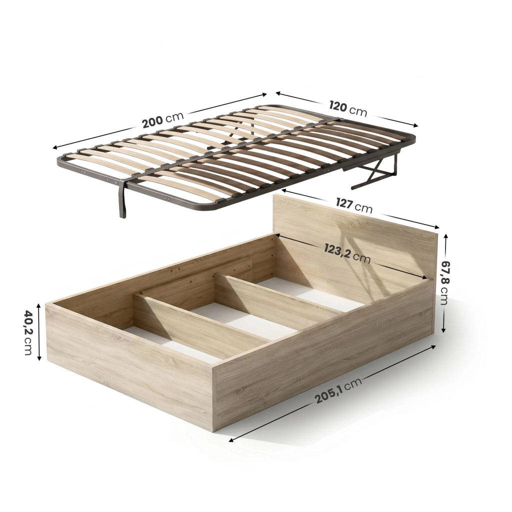 Letto con contenitore 120x200 cm rete sollevabile in metallo Rovere Sonoma