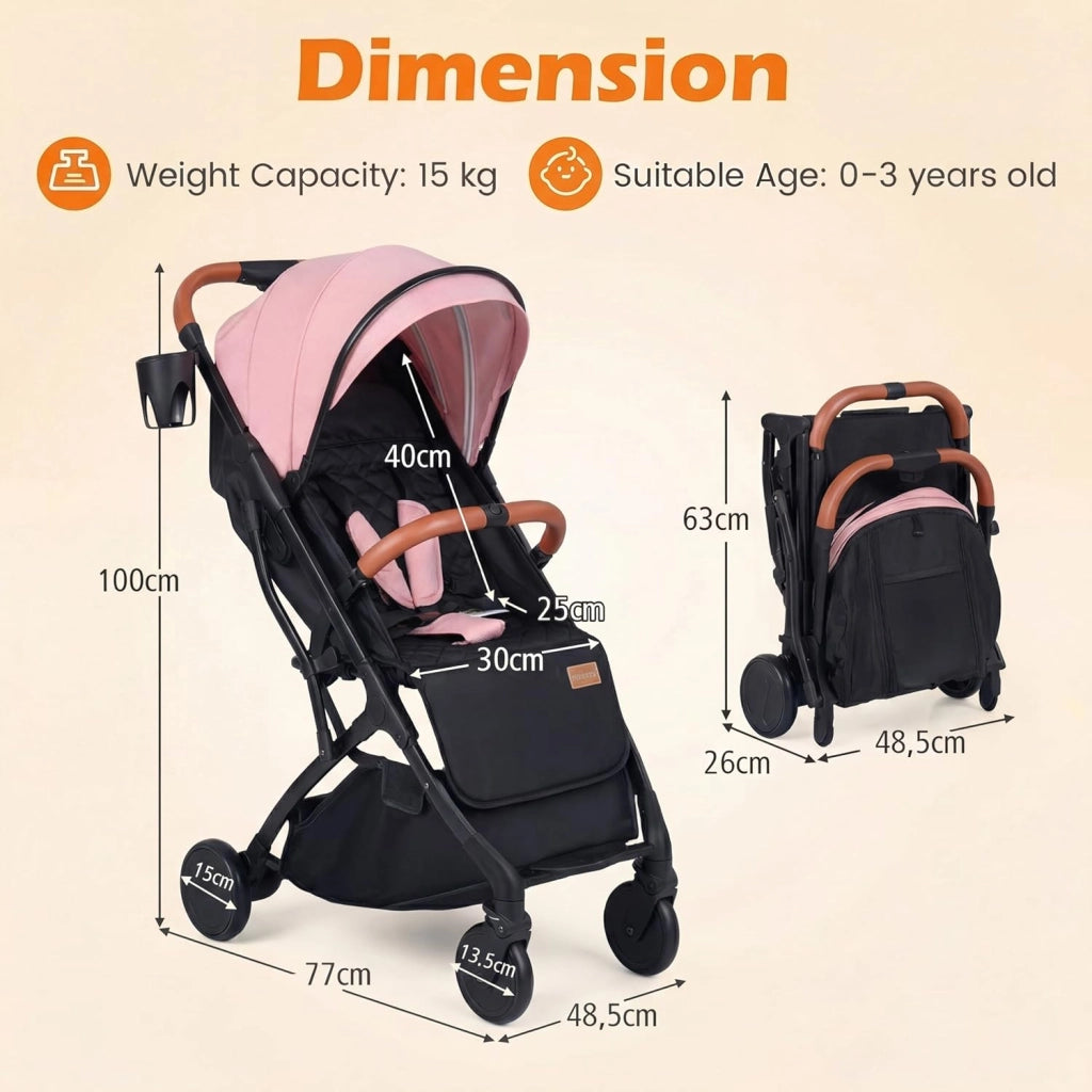 Passeggino Leggero per Bambini e Neonati, Passeggino Pieghevole e Portatile con Ruote, Schienale Regolabile, Tettuccio, Cintura di Sicurezza, Cesto e Copertura Antipioggia (Rosa)