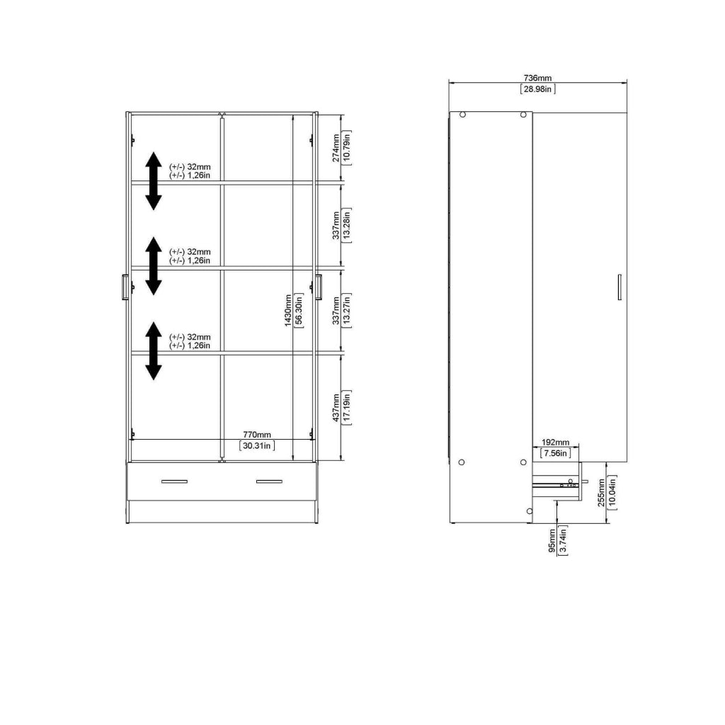 Guardaroba 2 ante Amylya, Mobile camera da letto, Cabina armadio portabiti, Armadio appendiabiti, 79x36 h170 cm, Bianco
