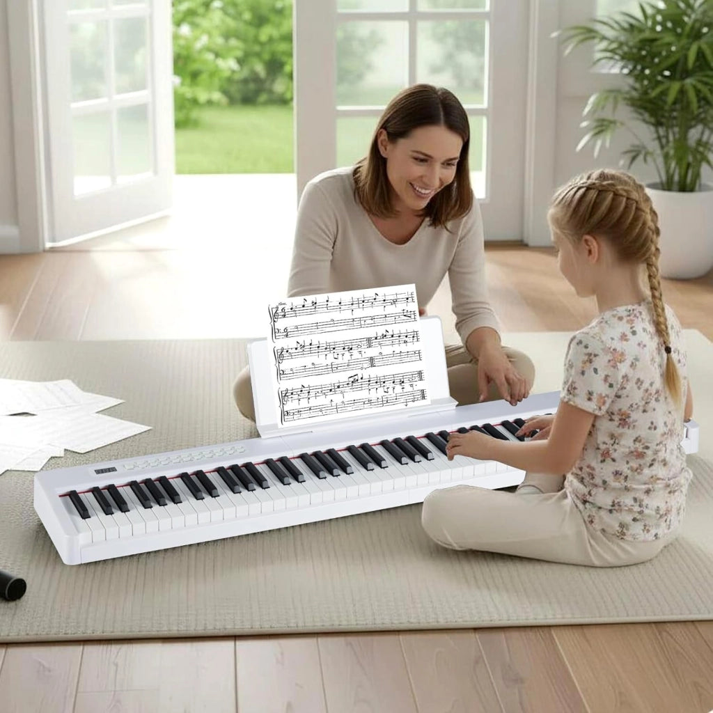 Pianoforte digitale a 88 tasti, tastiera per pianoforte con 380 suoni, 128 ritmi, 88 demo, MIDI, pedale, pianoforte elettrico portatile con supporto per musica, borsa da trasporto (bianco)